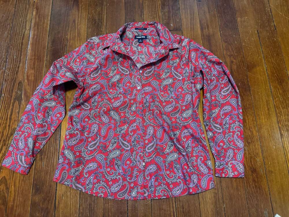 Lands' End Women's Size 14 Red Paisley No Iron Supima Cotton Long Sleeve Button